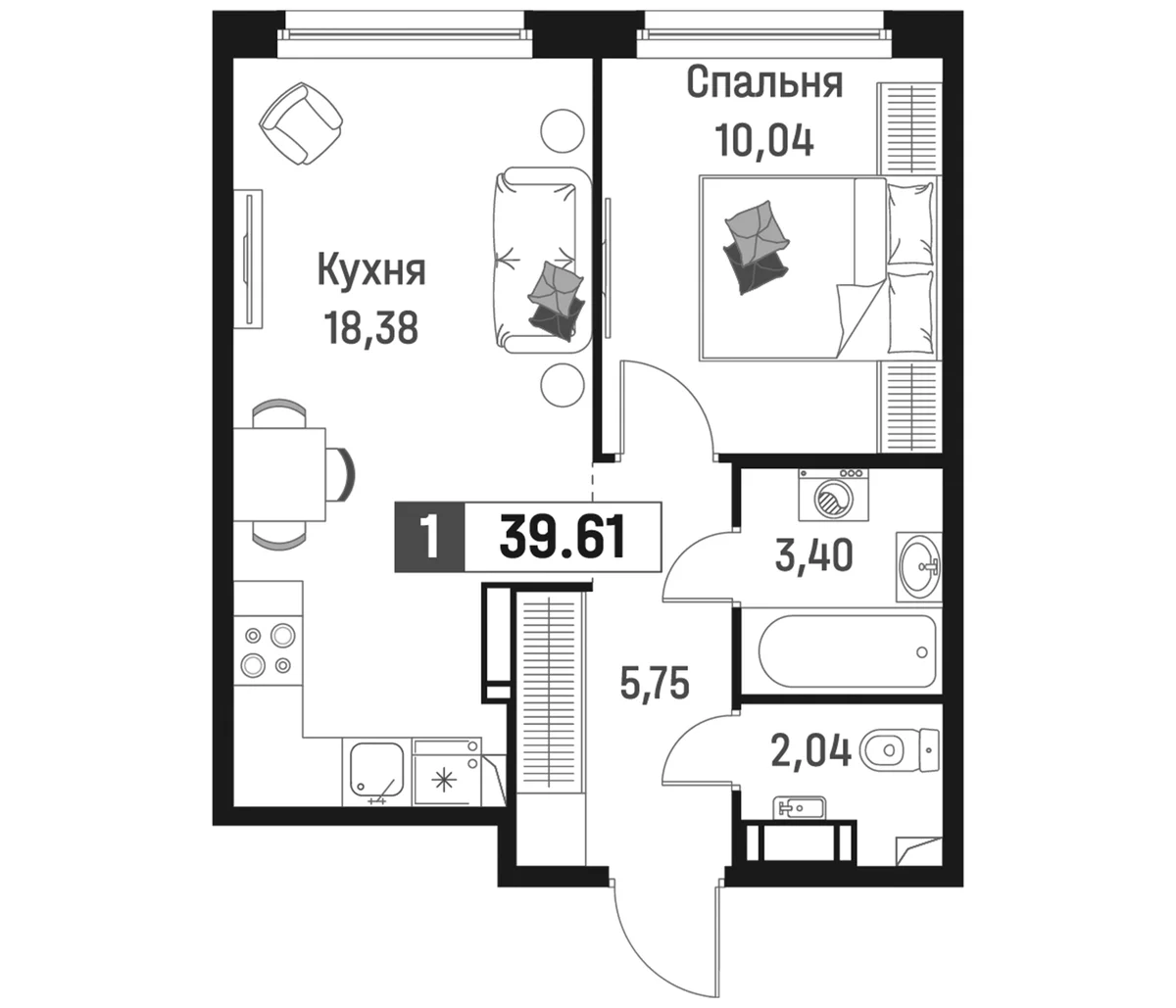 Планировка: Евродвушка 39,6 м² в ЖК «Максималист»