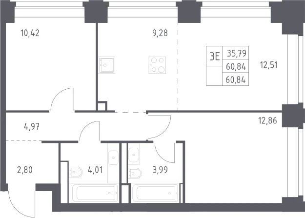 Планировка: Евротрёшка 60,8 м² в ЖК «НОВА»