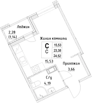 Планировка: Студия 23,4 м² в ЖК «ID Kudrovo II»