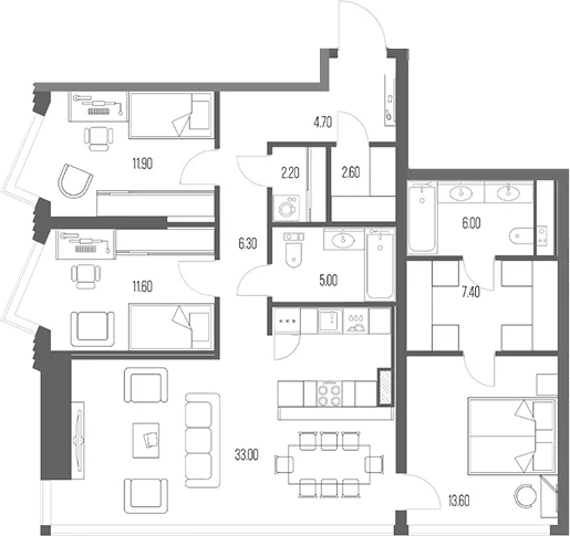 Планировка: 3-комнатная квартира 104,3 м² в ЖК «Северный Порт»