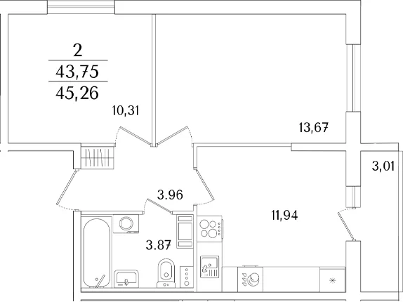 Планировка: 2-комнатная квартира 43,8 м² в ЖК «Кинопарк»
