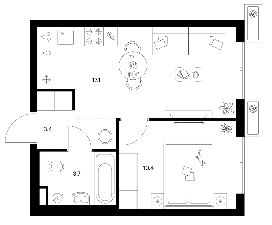 Планировка: 1-комнатная квартира 34,6 м² в ЖК «Ярославский»