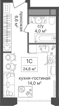Планировка: Студия 24,6 м² в ЖК «Гостиничный комплекс Варшавские ворота»