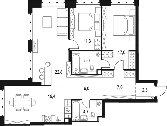 Планировка: Евротрёшка 96,1 м² в ЖК «Левел Южнопортовая»