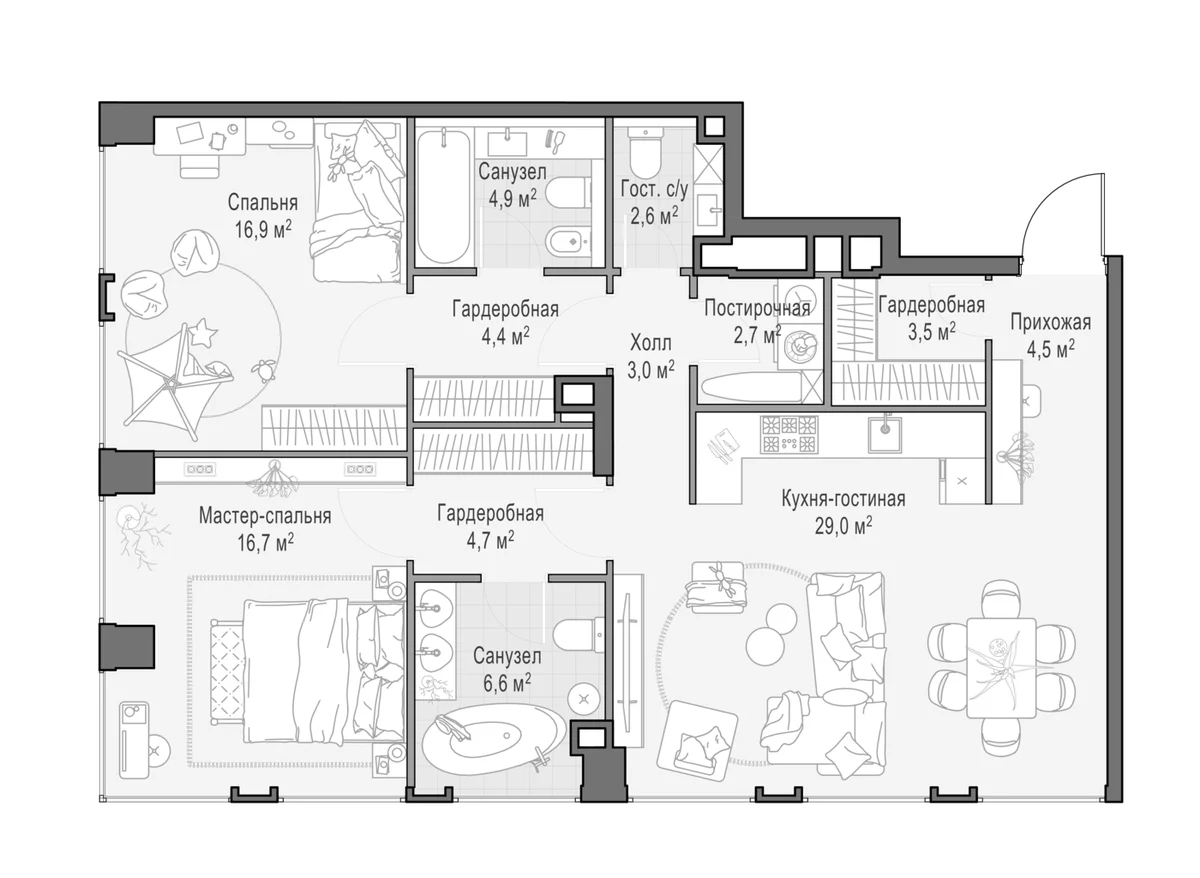 Планировка: Евротрёшка 100,5 м² в ЖК «Квартал Life Time»