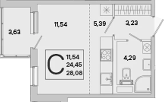 Планировка: Студия 24,5 м² в ЖК «ЮгТаун. Олимпийские кварталы»