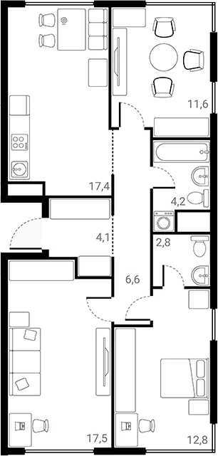 Планировка: 3-комнатная квартира 77 м² в ЖК «Лесная Коллекция»