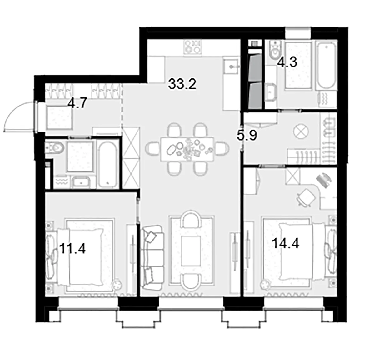 Планировка: 2-комнатная квартира 80 м² в ЖК «Высотка на Жукова»