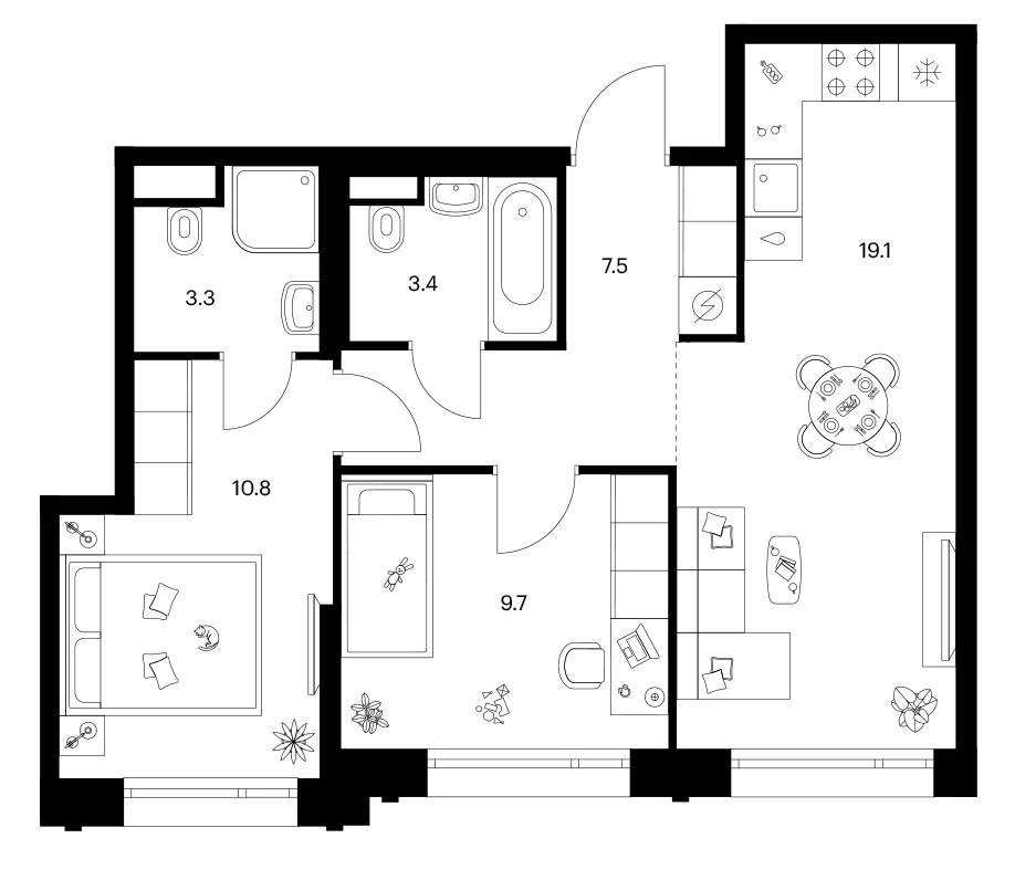 Планировка: 2-комнатная квартира 53,8 м² в ЖК «Лосиноостровский парк»