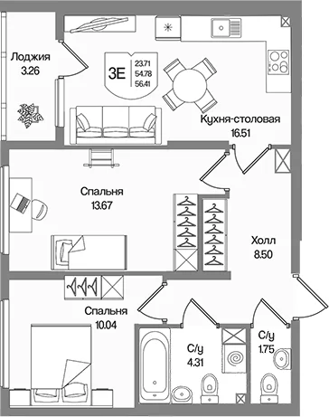 Планировка: Евротрёшка 54,8 м² в ЖК «Охтинские высоты»