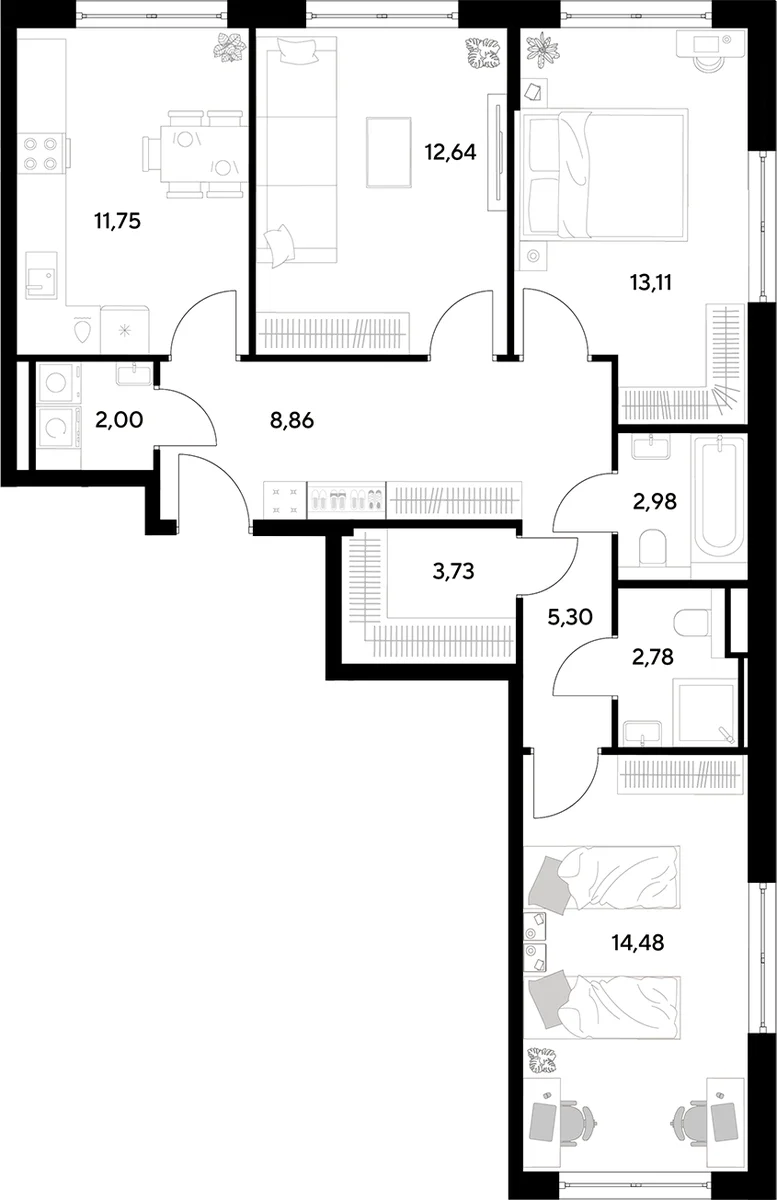 Планировка: 3-комнатная квартира 77,6 м² в ЖК «Космопарк»