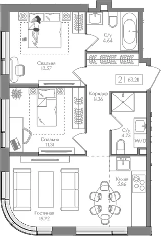 Планировка: Евротрёшка 63,2 м² в ЖК «Преображенская площадь»