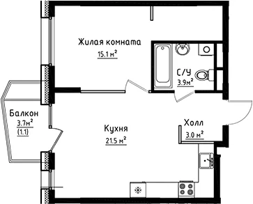 Планировка: 1-комнатная квартира 43,5 м² в ЖК «Коллекция»