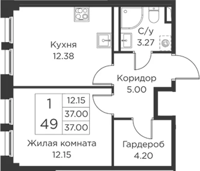 Планировка: 1-комнатная квартира 37 м² в ЖК «Кронфорт»