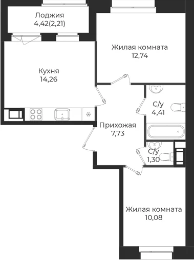 Планировка: 2-комнатная квартира 50,5 м² в ЖК «Новатория»