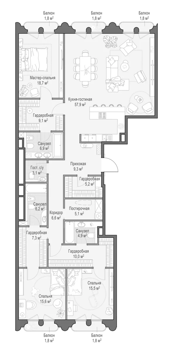 Планировка: Квартира евро-4 186,1 м² в ЖК «Клубный квартал Фрунзенский»