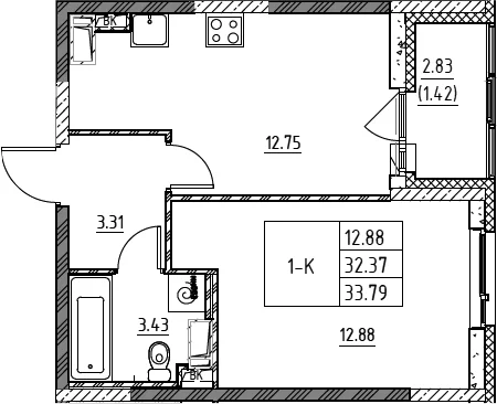 Планировка: 1-комнатная квартира 32,4 м² в ЖК «Город-спутник Южный»