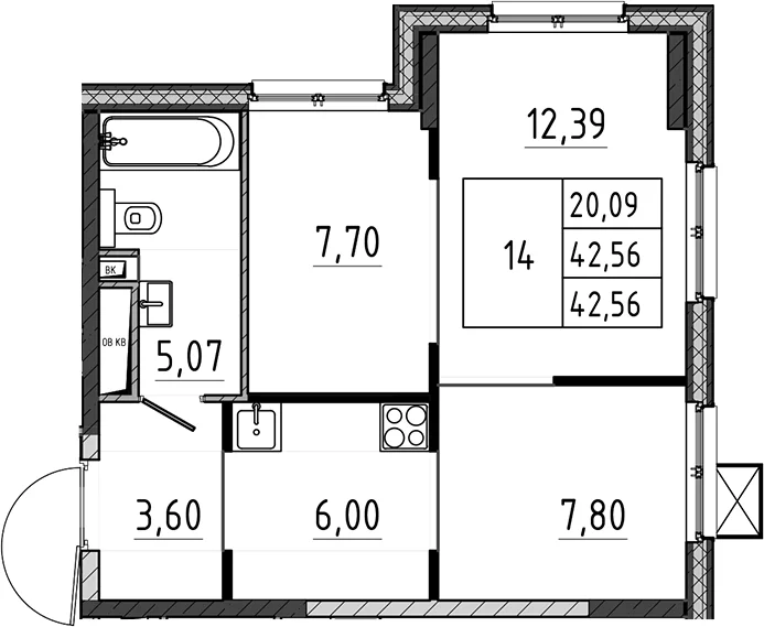 Планировка: 2-комнатная квартира 42,6 м² в ЖК «Поварово-Молодежный-2»
