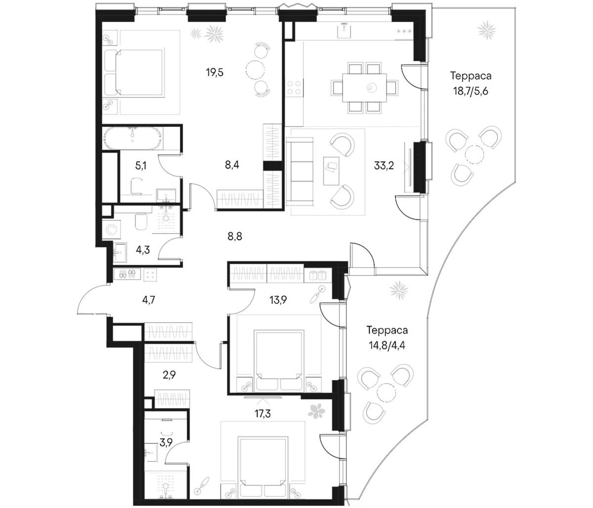 Планировка: Квартира евро-4 122 м² в ЖК «Клубный город на реке Примавера»