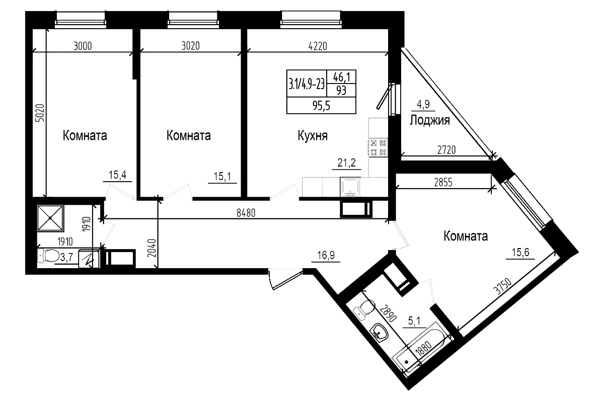 Планировка: Квартира евро-4 93 м² в ЖК «Прагма Сити»