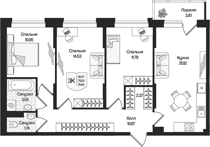 Планировка: 3-комнатная квартира 75 м² в ЖК «Охтинские высоты»
