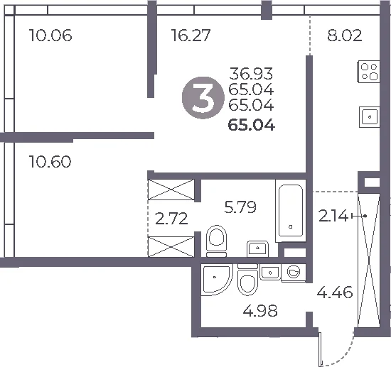 Планировка: 2-комнатная квартира 65 м² в ЖК «Мневники от Гранель»