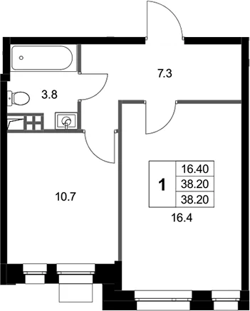 Планировка: 1-комнатная квартира 38,2 м² в ЖК «Кореневский Форт 2.3»