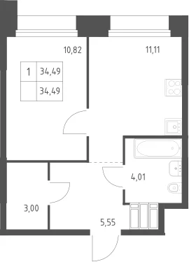 Планировка: 1-комнатная квартира 34,5 м² в ЖК «Тропарево Парк»