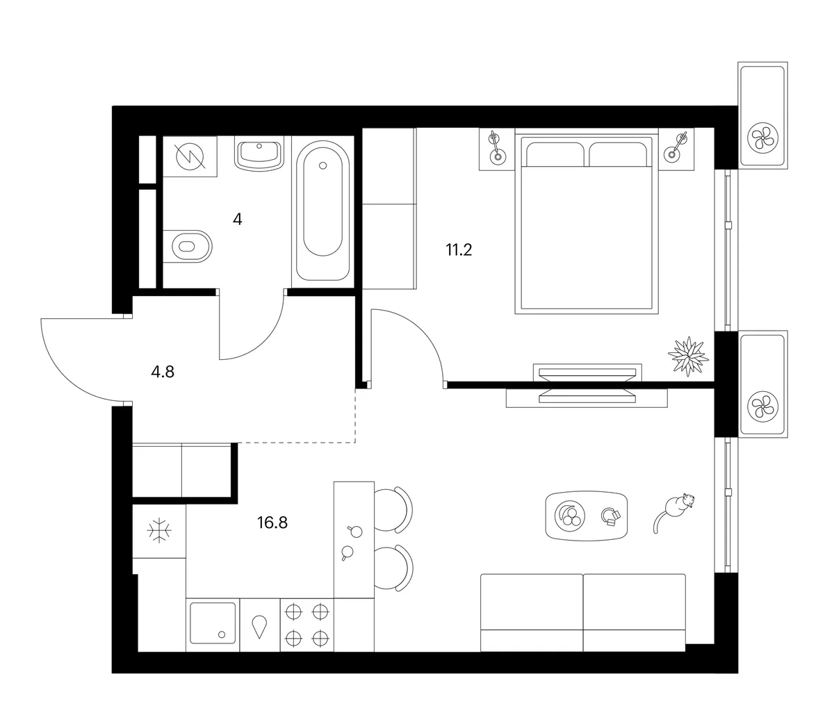 Планировка: 1-комнатная квартира 36,8 м² в ЖК «Белая Дача парк»