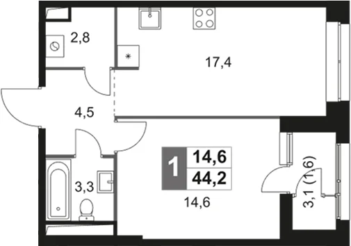Планировка: Евродвушка 42,6 м² в ЖК «Скай Гарден»