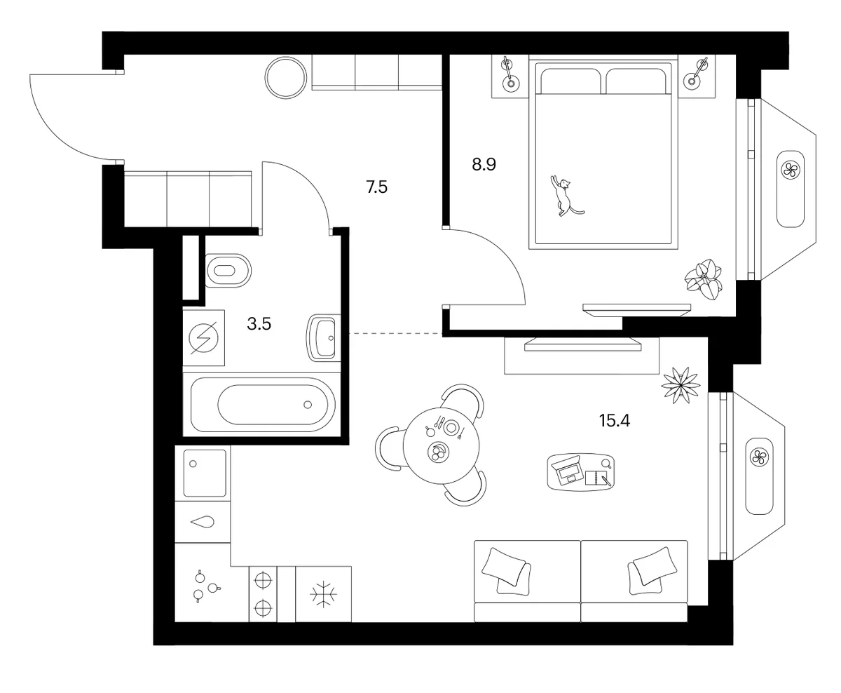 Планировка: 1-комнатная квартира 35,3 м² в ЖК «Зеленый парк»