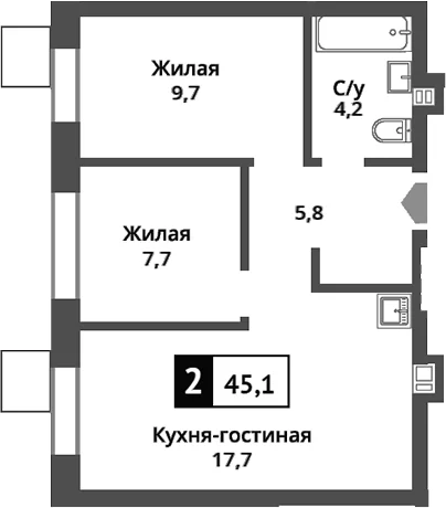 Планировка: Евротрёшка 45,1 м² в ЖК «Никольский квартал Отрада»
