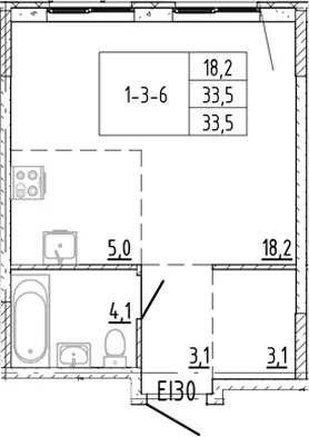 Планировка: Студия 33,5 м² в ЖК «Ягодное Река Парк»