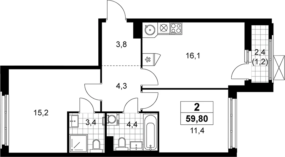 Планировка: Евротрёшка 58,6 м² в ЖК «Прокшино»