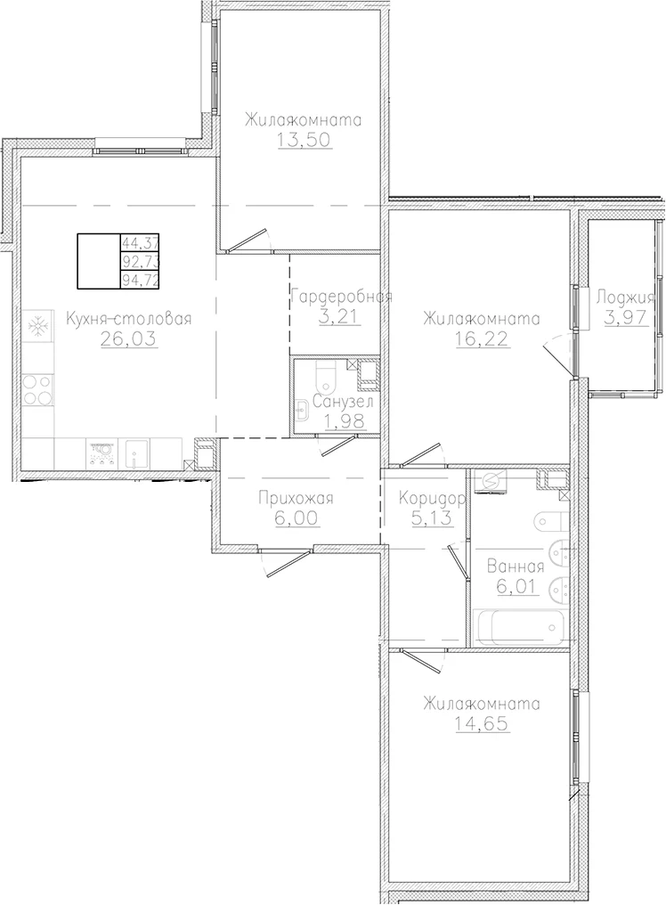 Планировка: 3-комнатная квартира 92,7 м² в ЖК «Счастье 2.0»