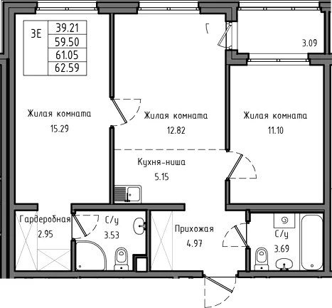 Планировка: Евротрёшка 59,5 м² в ЖК «Тишин»
