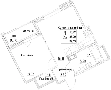 Планировка: Евродвушка 35,8 м² в ЖК «ID Kudrovo II»