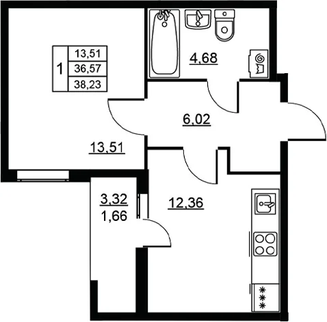 Планировка: 1-комнатная квартира 36,6 м² в ЖК «Высота. Новодевяткино»