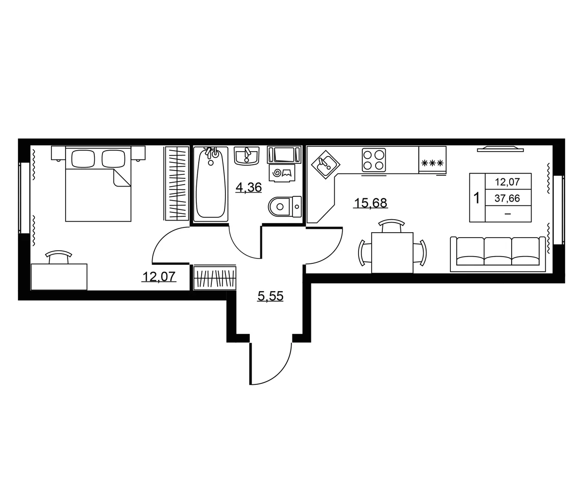 Планировка: Евродвушка 37,7 м² в ЖК «Пулковское, 34»