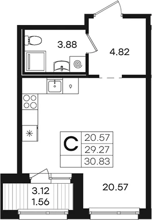 Планировка: Студия 29,3 м² в ЖК «Парголово»