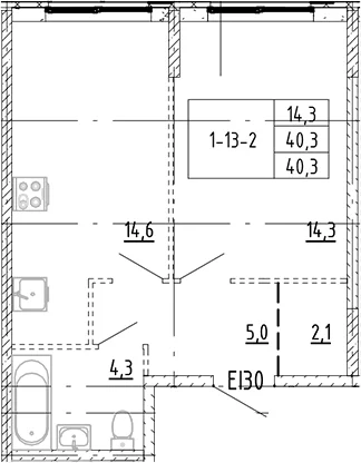Планировка: 1-комнатная квартира 40,3 м² в ЖК «Ягодное Река Парк»