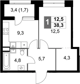 Планировка: 1-комнатная квартира 36,6 м² в ЖК «Скай Гарден»