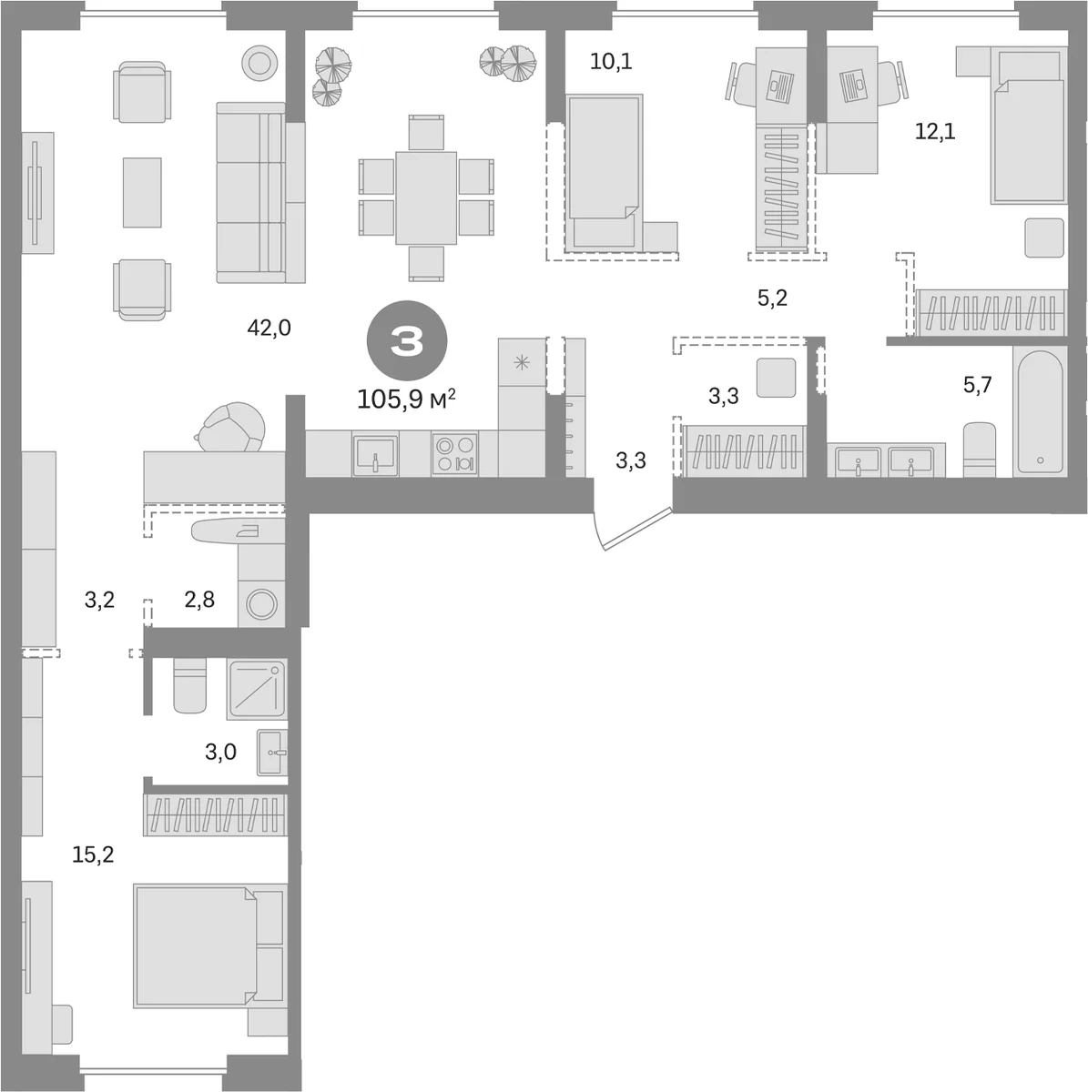 Планировка: 3-комнатная квартира 105,9 м² в ЖК «Первый квартал. Вторая очередь»