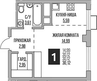 Планировка: Студия 30,1 м² в ЖК «Гранель Алексеевская роща»