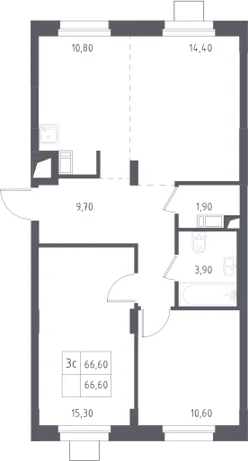 Планировка: Евротрёшка 66,8 м² в ЖК «Люберцы»