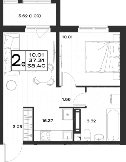 Планировка: Евродвушка 37,3 м² в ЖК «Имена»