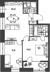 Планировка: Евротрёшка 60,5 м² в ЖК «Новый Питер»
