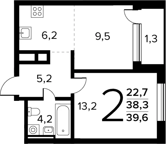 Планировка: Евродвушка 38,3 м² в ЖК «Новые Ватутинки Квартал у реки»