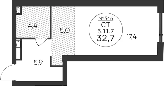 Планировка: Студия 32,7 м² в ЖК «Клубный квартал КРЫЛАТСКАЯ 33»