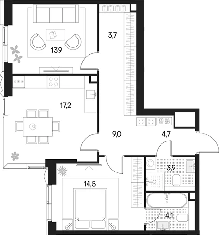 Планировка: 2-комнатная квартира 71 м² в ЖК «Клубный город на реке Примавера»